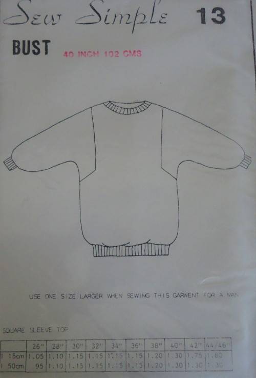 SEW SIMPLE PATTERNS 13 SQUARE SLEEVE TOP SIZE 40" OR 102 cm - COMPLETE