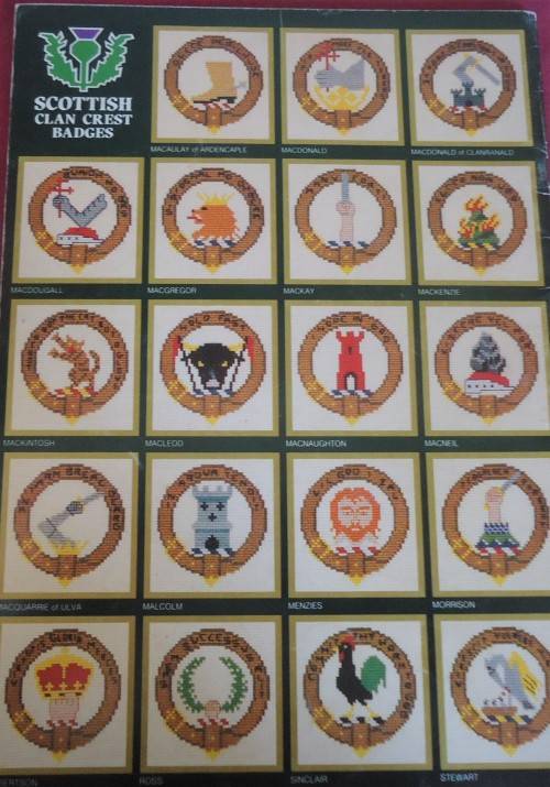 "SCOTTISH CLAN CREST BADGES VOL 1 " CROSS STITCH & NEEDLEPOINT COATS PUBLICATION # H1341-28 A4 PAGES