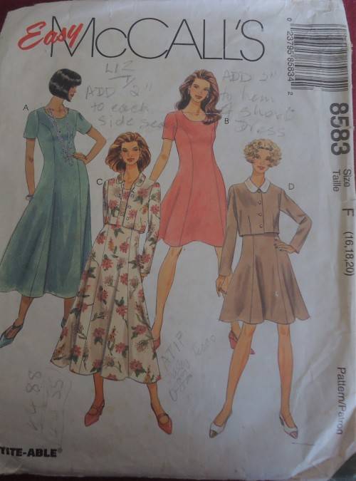McCALL'S PATTERN 8583 UNLINED JACKET & DRESS SIZE F= 16-18-20  COMPLETE