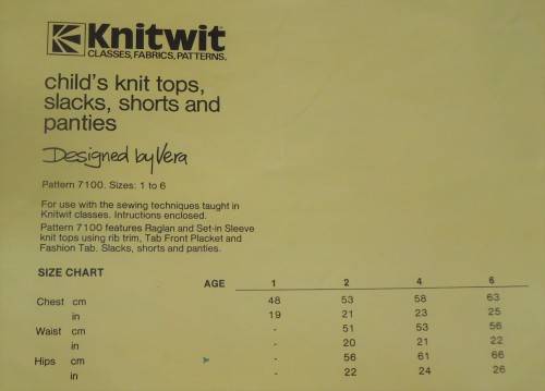 KNITWIT PATTERNS # 7100 CHILD`S KNIT TOPS, SLACKS, SHORTS & PANTIES SIZES 1 - 6 YEARS