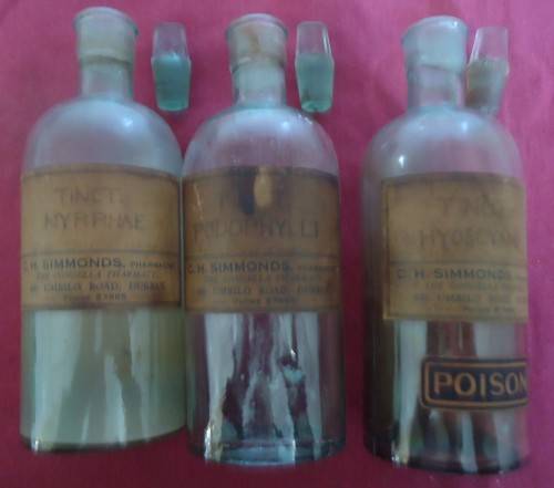 THREE ROUND SHAPE CLEAR ICE BLUE GLASS VINTAGE CHEMIST / APOTHECARY BOTTLES WITH LABELS