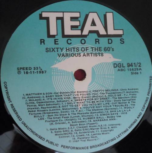 60 HITS OF THE SIXTIES -1987 DOUBLE TEAL VINYL LP SET - DGL 941/2