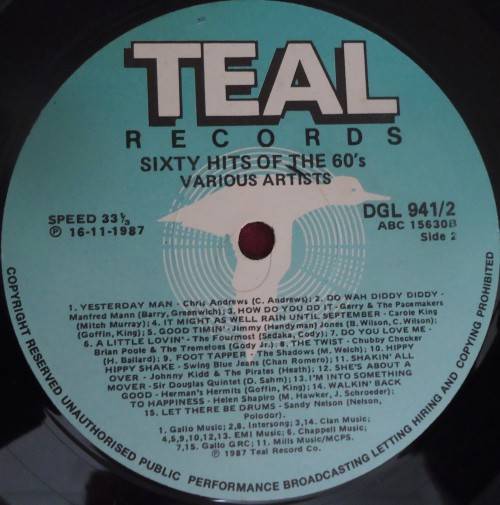 60 HITS OF THE SIXTIES -1987 DOUBLE TEAL VINYL LP SET - DGL 941/2