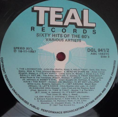 60 HITS OF THE SIXTIES -1987 DOUBLE TEAL VINYL LP SET - DGL 941/2