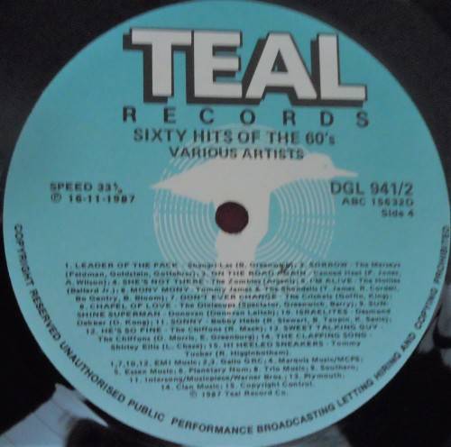 60 HITS OF THE SIXTIES -1987 DOUBLE TEAL VINYL LP SET - DGL 941/2