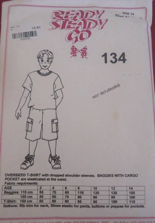 READY-STEADY-GO PATTERN-NUMBER 134 OVER T SHIRT & BAGGIES CARGO POCKET AGE 6 YEARS  CHEST 59 CM