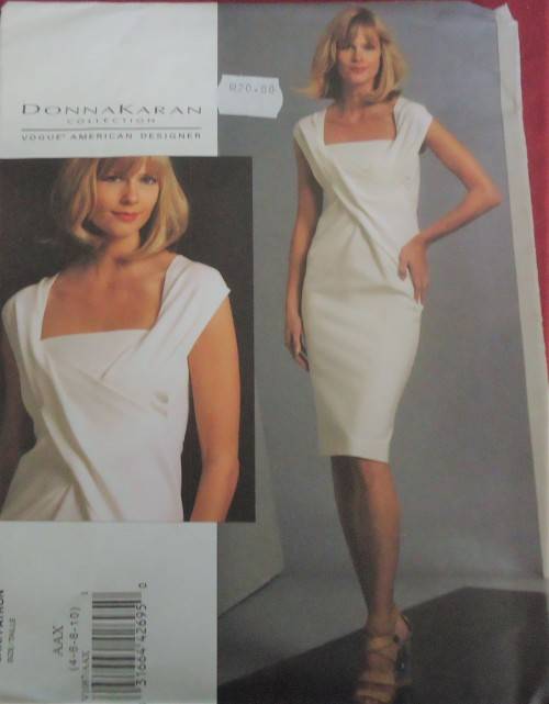 VOGUE PATTERN V1087 DONNA KARAN- DRESS+ PLEATS & TUCKS SIZES 4-6-8-10 COMPLETE-UNCUT-FACTORY FOLDED