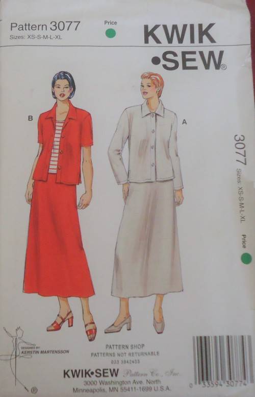 KWIK SEW  PATTERNS 3077 JACKET--SKIRT-TOP-SIZE XS-S-M-L-XL-COMPLETE - CUT TO M