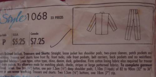 STYLE PATTERNS 1068 MEN'S JACKET-PANTS-SHORTS SIZE 38" COMPLETE