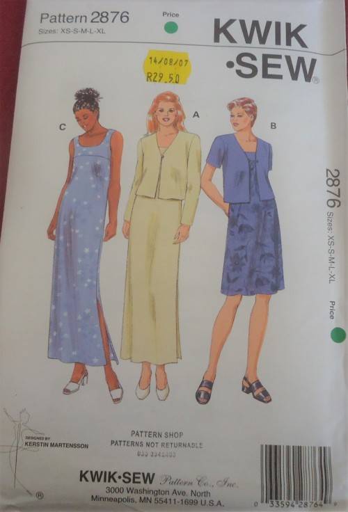 KWIK SEW PATTERN 2876 PULLOVER DRESS & JACKET SIZE XS-S-M-L-XL=( 82-120 CM)COMPLETE-UNCUT-F/FOLDED