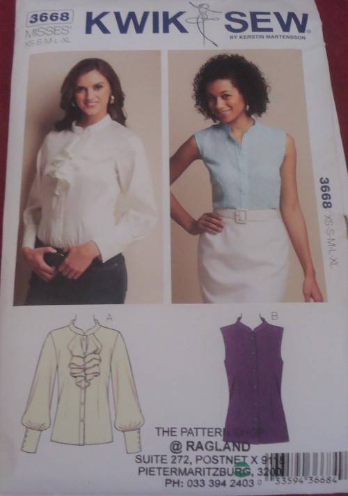 KWIK SEW PATTERN 3668 MANDARIN COLLAR BLOUSE W/OUT RUFFLE SIZE XS-S-M-L-XL COMPLETE-cut to size XL
