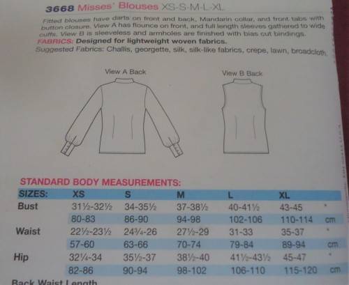 KWIK SEW PATTERN 3668 MANDARIN COLLAR BLOUSE W/OUT RUFFLE SIZE XS-S-M-L-XL COMPLETE-cut to size XL
