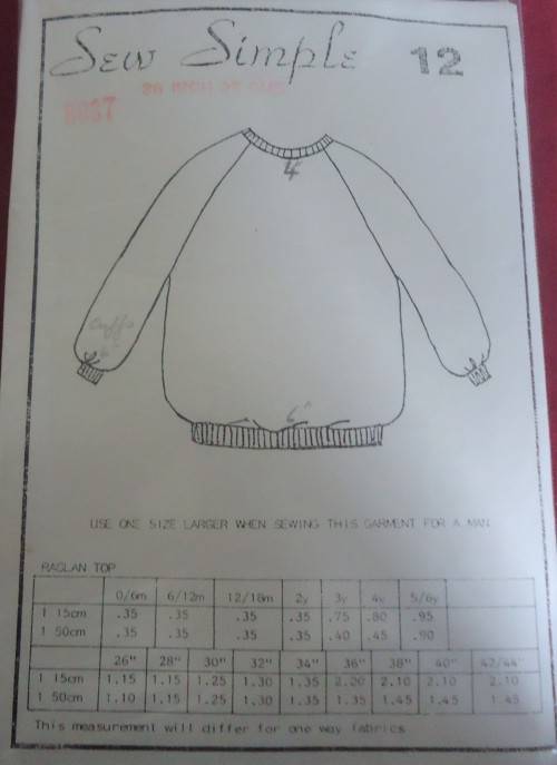 SEW SIMPLE PATTERNS # 12 RAGLAN TOP SIZE 34 BUST 87 CM