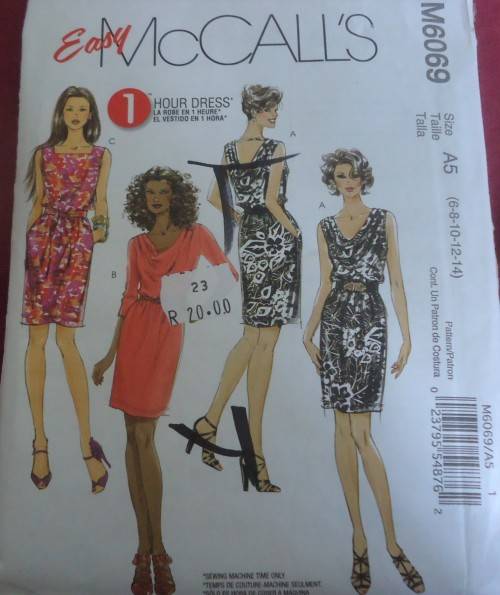 McCALLS M6069 PULLOVER COWL NECK DRESS & SASH SIZE A5=6-8-10-12-14 COMPLETE