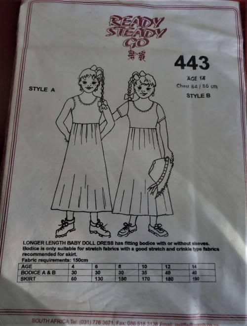 READY-STEADY-GO PATTERN-NUMBER 443 LONGER LENGTH BABY DOLL DRESS SIZE 14 YEARS CHEST 84/86 CM