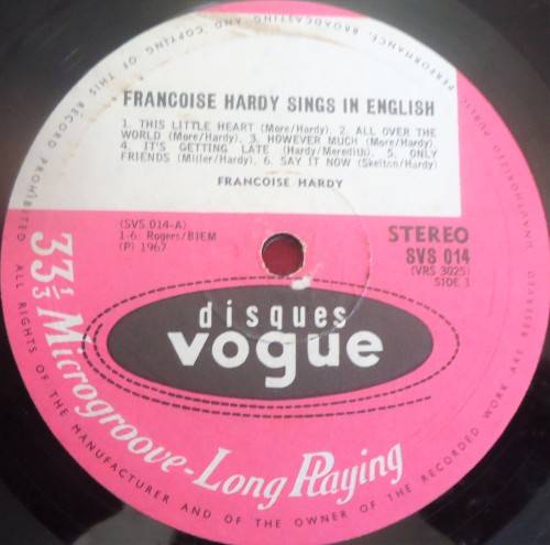 FRANCOISE HARDY SINGS IN ENGLISH - 1967 DISQUES VOGUE STEREO VINYL LP SVS 014