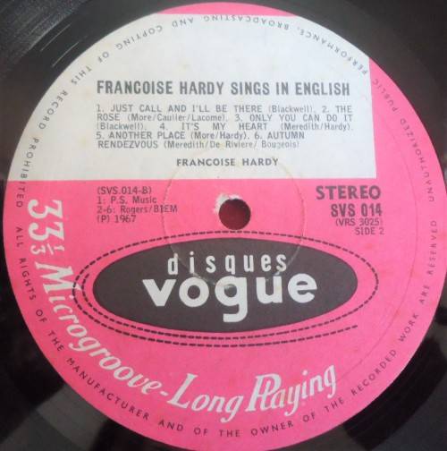 FRANCOISE HARDY SINGS IN ENGLISH - 1967 DISQUES VOGUE STEREO VINYL LP SVS 014