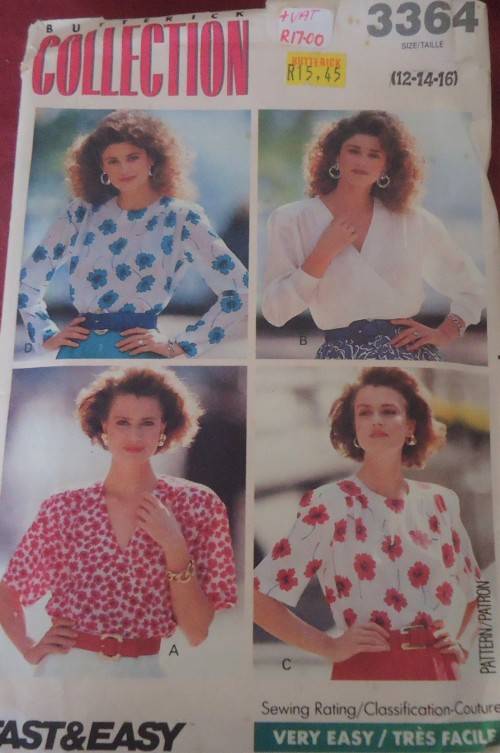 BUTTERICK PATTERN 3364 SET OF BLOUSES/TOPS  SIZE12-14-16 COMPLETE-UNCUT-F/FOLDED