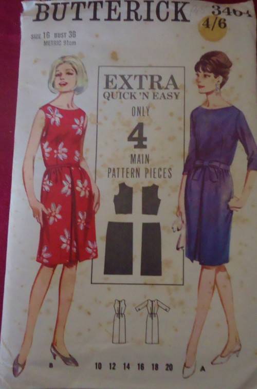 VINTAGE BUTTERICK PATTERN 3464 ONE PIECE DRESS SIZE16 BUST 36" COMPLETE & UNCUT