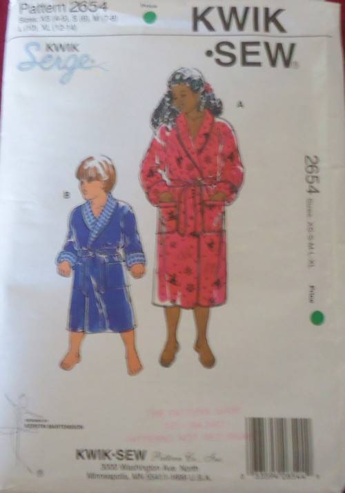 KWIK SEW PATTERNS 2654 KIDS ROBES SIZE XS(4-5)-S(6)-M(7-8)-L(10)-XL12-14 COMPLETE-UNCUT-F/FOLDED