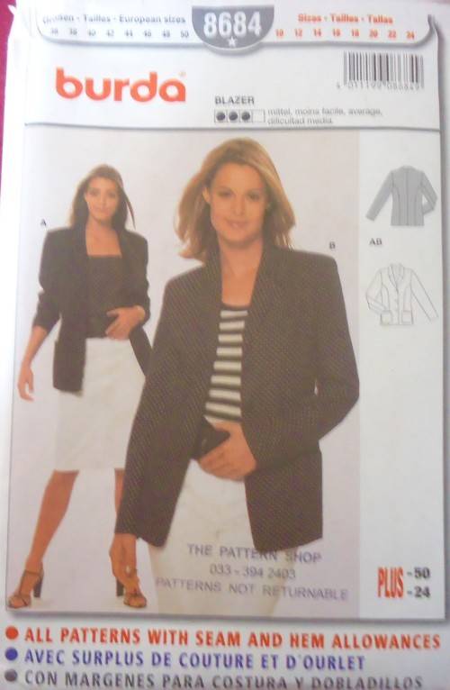 BURDA 8684 JACKET SIZE 10-12-14-16-18-20-22-24 COMPLETE