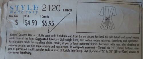 STYLE 2120 CULOTTE DRESS SIZE A=6 - 16 COMPLETE