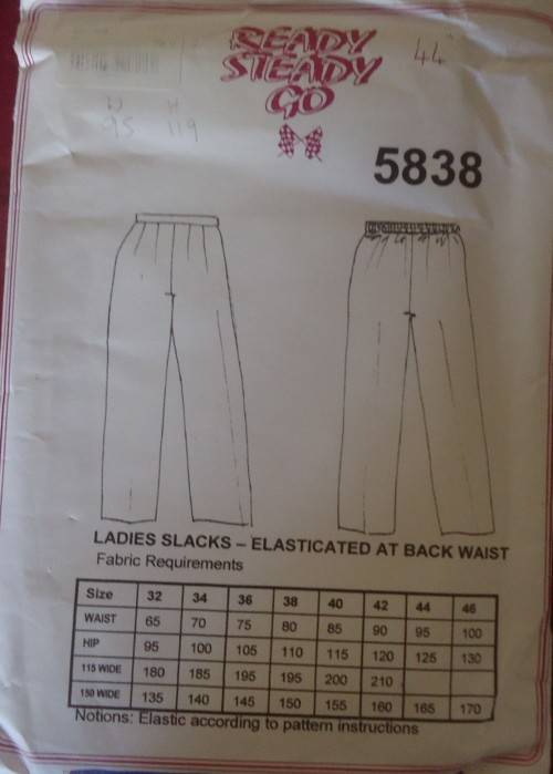 READY-STEADY-GO PATTERN-NUMBER 5838 LADIES SLACK -ELASTICATED AT BACK WAIST SIZE 44` /112 CM