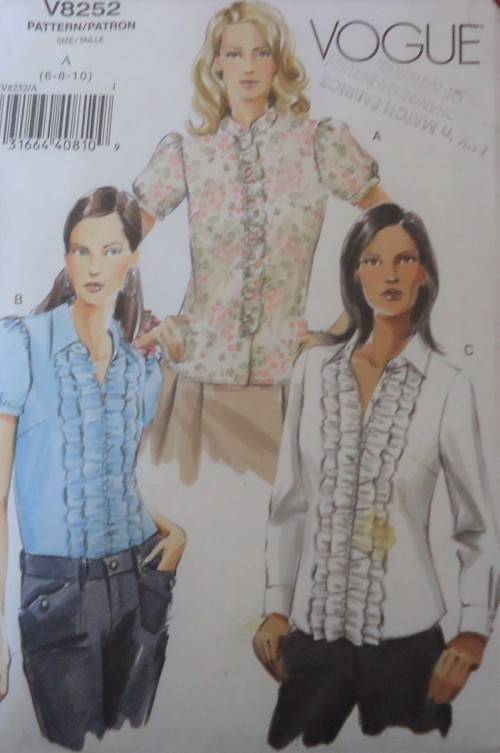 VOGUE V8285 SET OF SHIRTS WITH RUFFLES SIZE A=6-8-10 COMPLETE & MOSTLY UNCUT