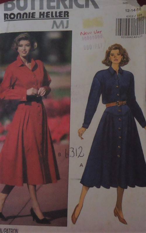 BUTTERICK PATTERNS 6312 LOOSE FITTING DRESS SIZE 12-14-16 COMPLETE-UNCUT-F/FOLDED-ZIPLOC