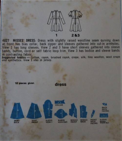 STYLE 4027  DRESS WITH SLIGHTLY RAISED WAISTLINE SIZE 12 BUST 34` COMPLETE-UNCUT-F/FOLDED