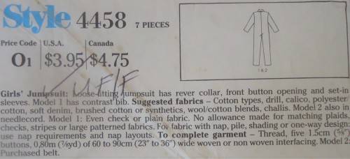 STYLE 4458  GIRLS JUMPSUIT SIZE 10-12-14 YEARS COMPLETE-UNCUT-F/FOLDED