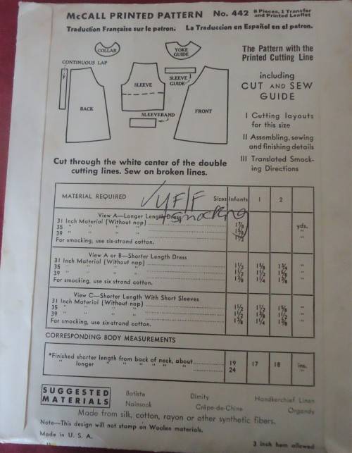 1930'S VINTAGE McCALLS 44  CHILD'S SMOCKED DRESS 1YEARS COMPLETE-UNCUT-F/FOLDED