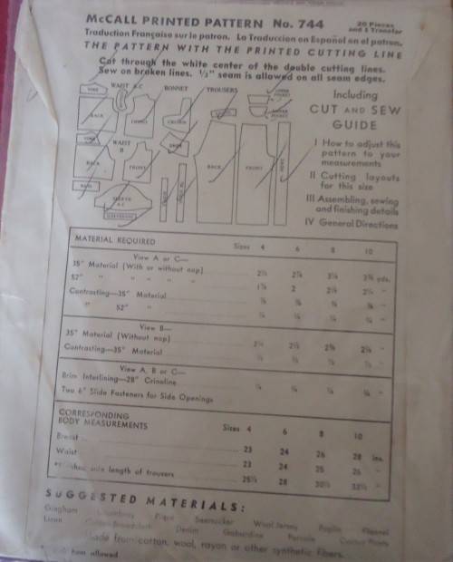 1930'S VINTAGE McCALLS 744  GIRL'S COVER-ALLS & SUN BONNET 6 YEARS COMPLETE-ZIPLOC BAG