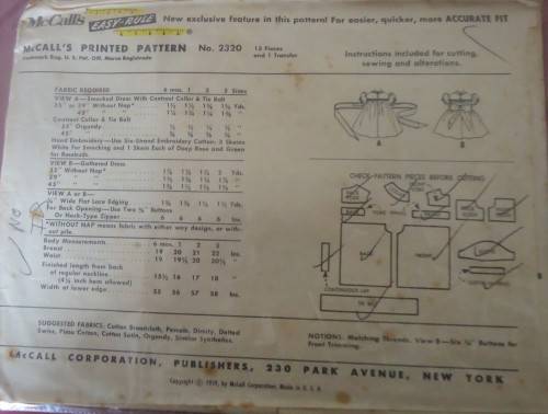 1940'S VINTAGE McCALLS 2320 TODDLER'S SMOCKED DRESS 1 YRS -COMPLETE NOSEWING INSTRUCTIONS-ZIPLOC