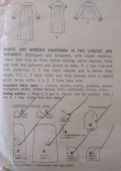 VINTAGE SIMPLICITY 5193 NIGHTGOWN & BED JACKET SIZE 40 BUST 42` COMPLETE-NO SEWING INSTRUCTIONS