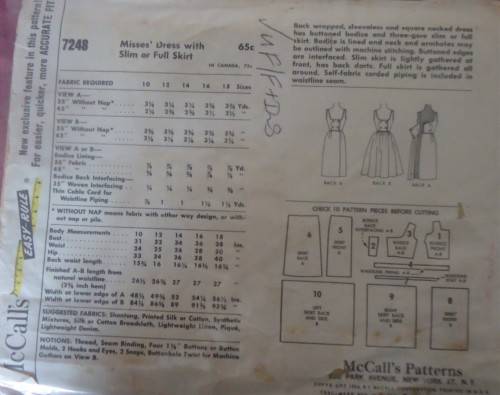 VINTAGE McCalls 7248  DRESS WITH FULL OR SLIM SKIRT SIZE 14 BUST 34 COMPLETE-UNCUT-F/F ZIPLOC