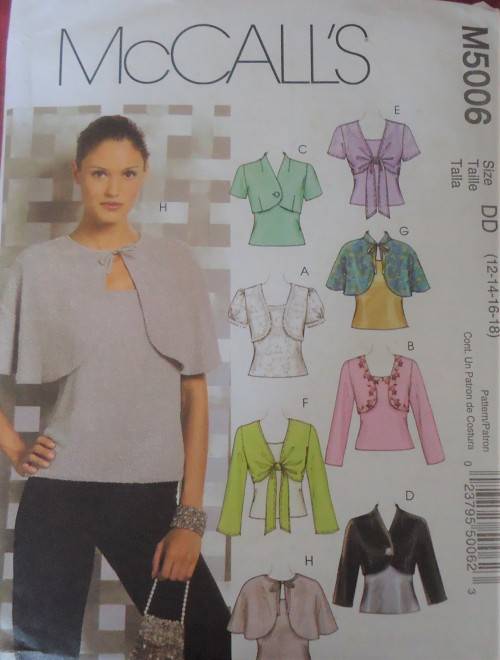 McCalls M5006 LINED & UNLINED SHRUGS-LINED CAPELETS-TOPS SIZEDD=12-14-16-18 COMPLETE-UNCUT-F/FOLDED