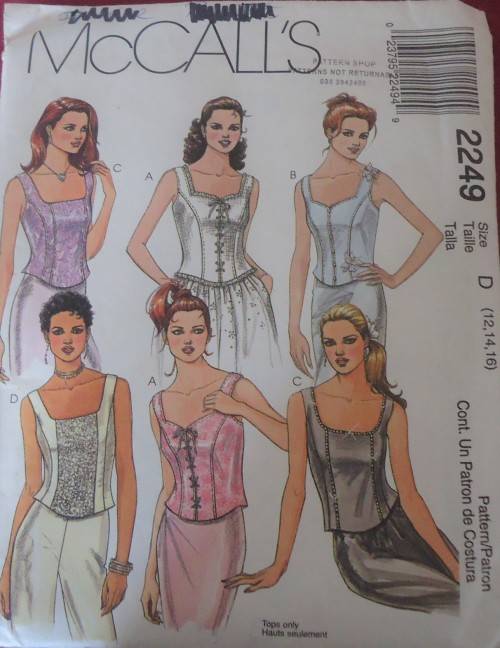 McCalls 2249 LINED BUSTIER TOPS SIZE D=12-14-16 COMPLETE &CUT TO SIZE 14