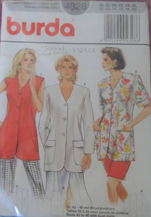 BURDA 4328 JACKET-TUNIC SIZE 10 - 20 -COMPLETE-UNCUT - F/FOLDED