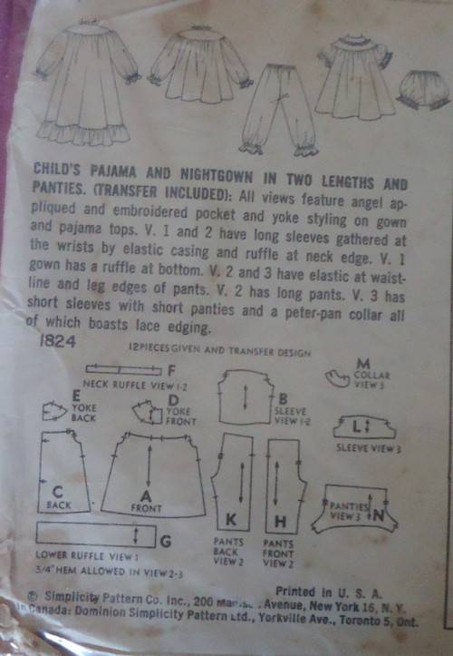 VINTAGE SIMPLICITY 1824 CHILD PJS & NIGHTGOWN & PANTIES+TRANSFER SIZE 5 YEARS COMPLETE-TRANSFER