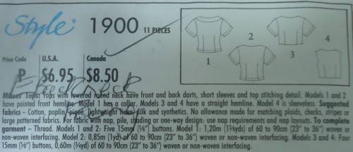 STYLE 1900 TOPS WITH LOWERED ROUND NECK SIZE A  6 - 18 COMPLETE -SEE LISTING
