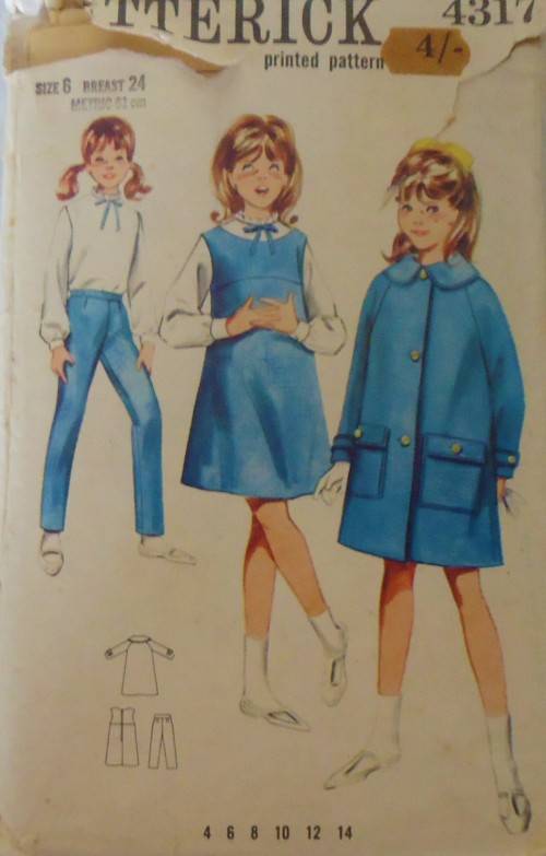 VINTAGE BUTTERICK 4317 GIRLS COAT-PINAFORE-PANTS SIZE 6 YEARS BREAST 24"  COMPLETE