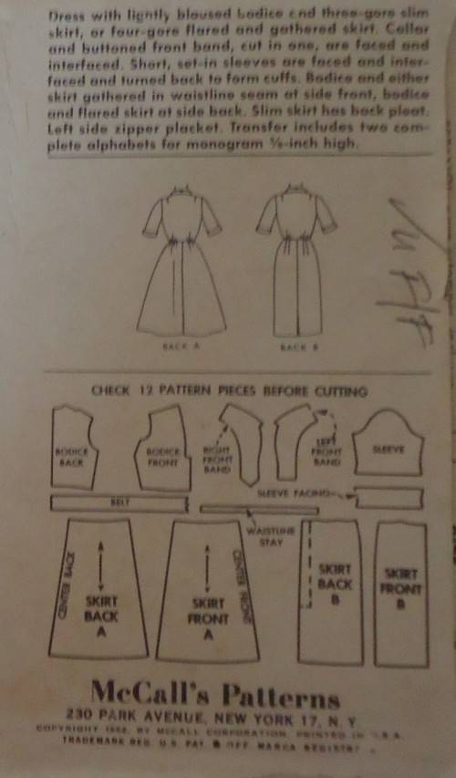 VERY VINTAGE McCALLS 6389  DRESS -SLIM OR FULL SKIRT & TRANSFER SIZE 16 BUST 36` COMPLETE-UNCUT-F/F