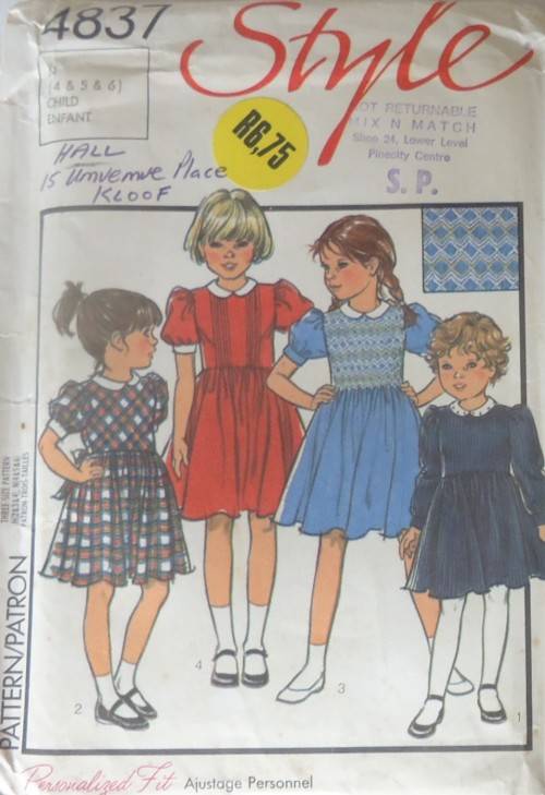 STYLE 4837 GIRL'S DRESS WITH SMOCKING-SIZE 4-5-6 YEARS COMPLETE-UNCUT-F/FOLDED