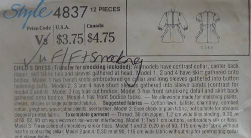 STYLE 4837 GIRL'S DRESS WITH SMOCKING-SIZE 4-5-6 YEARS COMPLETE-UNCUT-F/FOLDED