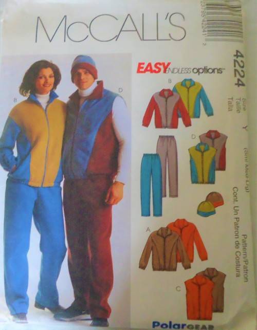 McCALLS 4224 UNISEX JACKET-VEST-PULL ON PANTS-REVERSIBLE HAT SIZE Y=S-M-L (32-40") COMPLETE-CUT TO L