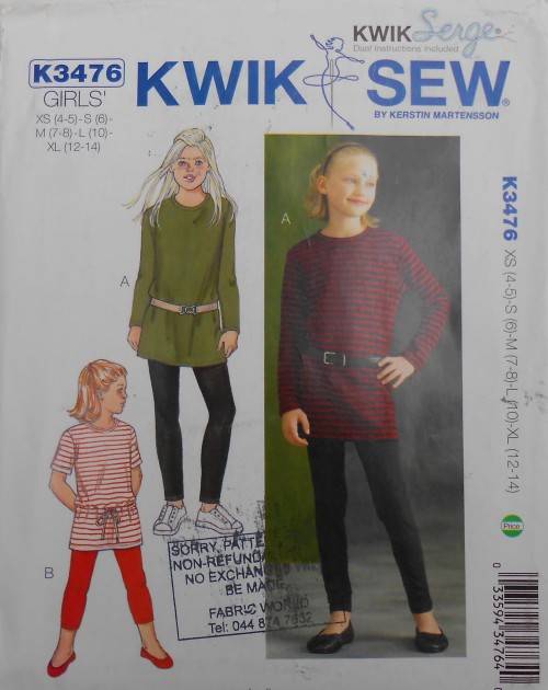 KWIK SEW PATTERNS K3476 GIRLS DRESS/TOP-LEGGINGS SIZE XS-4/5 S-6/7 M-7/8 L-10 XL - 12 YEARS COMPLETE