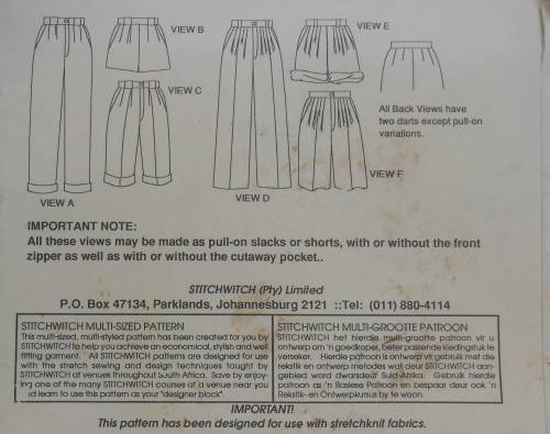 STITCHWITCH SW06 DESIGNER SLAX AND SHORTS SIZE 6 - 22