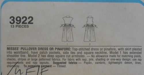 STYLE 3922 PULLOVER DRESS OR PINAFORE SIZE 12 - COMPLETE-UNCUT-F/FOLDED