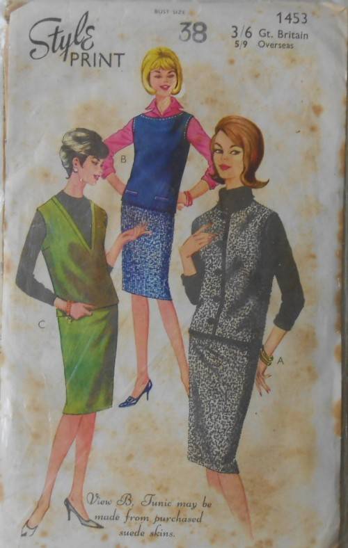 V/VINTAGE STYLE PRINT 1453 BUTTONED OR SLIPOVER TUNIC TOP WITH SLIM SKIRT SIZE 38 COMPLETE
